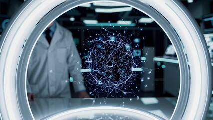 Poster - scientist conducts advanced research in a high-tech laboratory focused on quantum simulations and di
