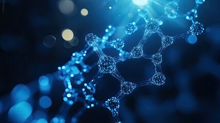 Poster - Molecular Structure in Blue Light with Glowing Particles and Depth