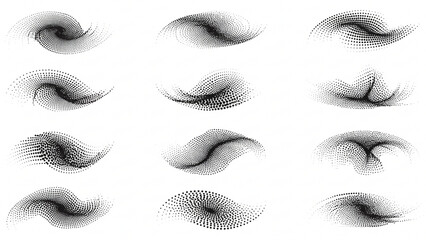 Poster - A series of dotted halftone waves that present abstract liquid shapes, demonstrating a wave effect with a gradient texture. This collection consists of isolated vector symbols that illustrate halftone