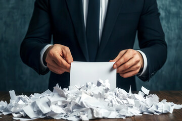 Businessman in a dark office shredding incriminating documents, corporate fraud and illegal cover-up theme