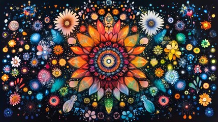 Poster - Vibrant floral mandala design with intricate patterns and colors in lively arrangement
