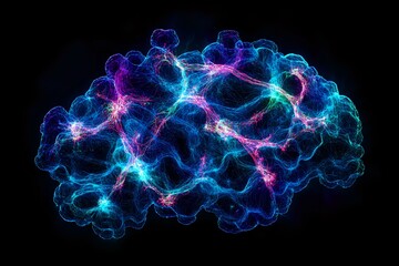 Poster - Glowing abstract brain shape with interconnected neural networks in vibrant neon blue and pink colors against black background, representing artificial intelligence.