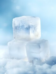 Poster - Crystal clear ice cubes stacked on soft white frost against light blue background, creating fresh cool atmosphere for beverage and cocktail advertising.