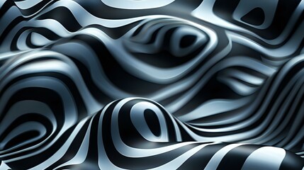 Poster - Monochromatic abstract waves and curves creating dynamic flowing pattern with light and shadow effects in metallic silver and black tones for modern design background.