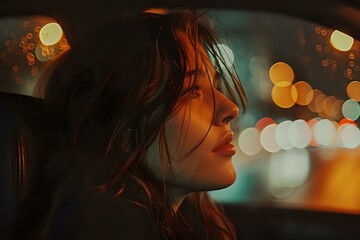 Poster - Young Asian woman with messy dark hair in profile against blurred city lights at night, creating atmospheric moody portrait with orange and teal bokeh effects.