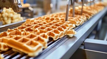 Wall Mural - A conveyor system in a contemporary food factory making Belgian waffles is an example of large-scale bakery production.