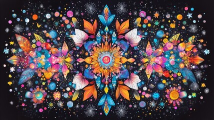 Poster - Vibrant floral and cosmic fusion with intricate designs and bright colors in detailed patterns