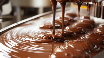 Wall Mural - A production line at an automated candy factory that applies chocolate glaze to candies is an example of contemporary food manufacturing methods.