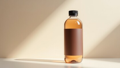Poster - A clear glass bottle with a black cap and a brown label is placed on a white surface, illuminated by soft light from the left, creating a minimalist and clean mockup