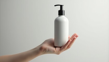 Poster - A hand holds a white bottle with a black pump dispenser against a plain background, ideal for product mockups