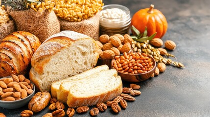 Wall Mural - Autumnal harvest bread, nuts, grains. Food photography for recipe, blog, or cookbook