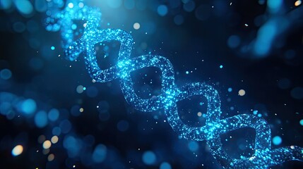 Poster - Glowing Blue DNA Strand on Dark Background with Sparkling Effects