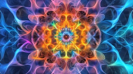 Poster - Vibrant abstract artwork showcasing a colorful mandala design illuminated by dynamic light patterns
