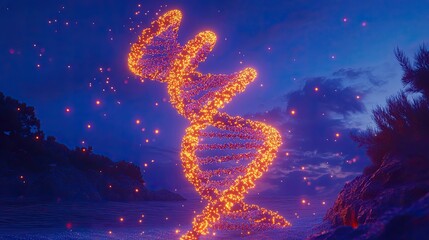 Poster - Abstract DNA Helix Structure with Sparkling Orange Particles at Sunset