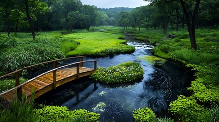 Wall Mural - Serene creek, wooden bridge, lush forest, misty morning, nature scene, tranquil landscape