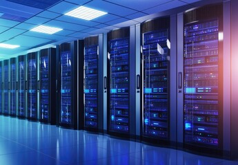 Fototapete - Row of advanced blue-lit server racks in a modern data center, designed for secure and efficient digital storage and high-performance computing