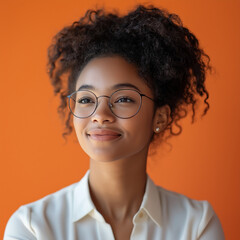 Wall Mural - beautiful woman African American wearing glasses young business woman looking at the window working in company office entrepreneur manager businesswoman using communication learning at workplace