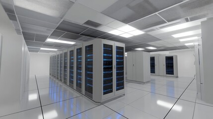Fototapete - Modern data center with white walls, reflective flooring, and rows of blue-lit server racks, showcasing advanced digital infrastructure and high-tech systems