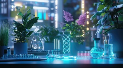 Poster - Laboratory Setting with Colorful Plants and Glassware in Focus