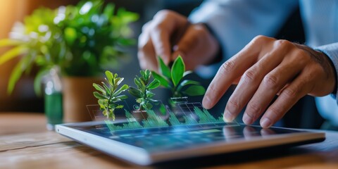 Poster - Hands Utilizing Digital Tablet to Analyze Growth of Green Plants with Infographic Displayed on Screen in Modern Workspace Environment