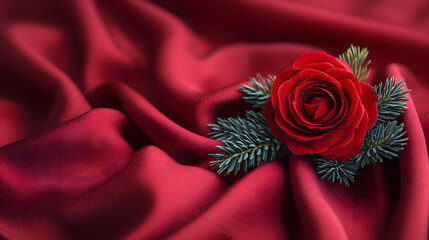 Poster - A vibrant red rose is elegantly placed on a rich, textured red fabric, surrounded by green leaves, creating a romantic and luxurious composition