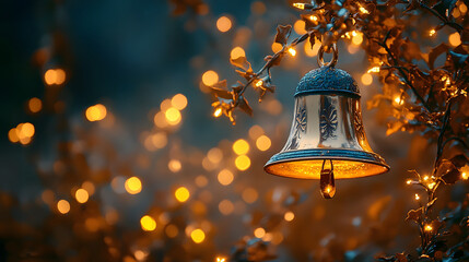 Poster - A beautiful bell hangs amidst twinkling warm lights, creating a serene and enchanting atmosphere in a softly lit environment