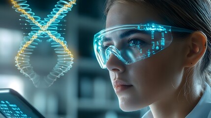 futuristic digital representation of the medical and scientific field featuring a hovering dna holog