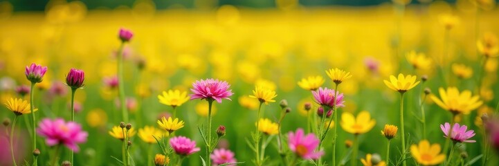 Wall Mural - A colorful field of yellow and pink wildflowers in full bloom, clover, yellow