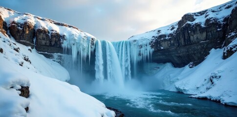 Wall Mural - a frozen waterfall cascading down a snow-covered mountain, flow, cascade