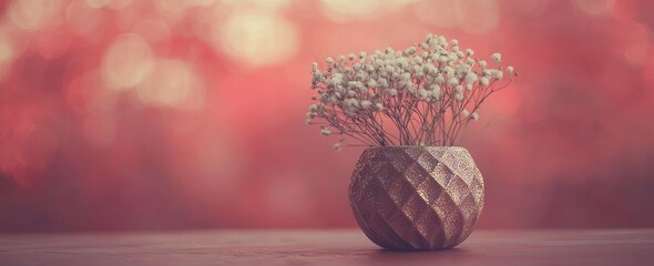 Sticker - A rose gold vase filled with pink flowers, against a soft-focus background