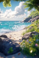 Serene tropical beach with blue sea and lush greenery