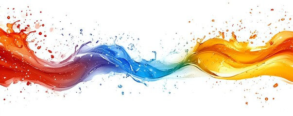 Poster - Abstract fluid wave with vibrant orange, blue and yellow colors splashing against white background, dynamic motion effect with water droplets and paint splatters.