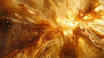 Poster - Dramatic golden explosion with swirling smoke and particles against dark background creates dynamic abstract composition with light bursting through flowing liquid textures.