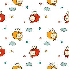 Wall Mural - Face rabbit and turban cartoon so cute. On star cloud white background. Pattern seamless vector illustration. 
