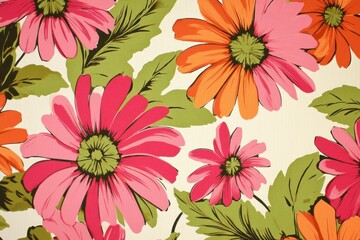 Canvas Print - Vibrant floral pattern featuring pink and orange daisies with lush green leaves, ideal for spring and summer designs, textile prints, and home decor inspirations