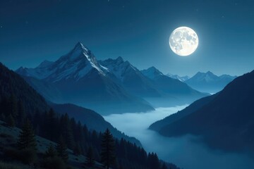 Wall Mural - silvery moonlight casts shadows on mountain peaks, misty atmosphere, night sky, lunar glow