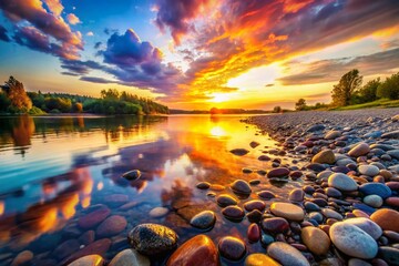 Wall Mural - Serene Sunset Riverside: Double Exposure Pebble Reflection Stock Photo