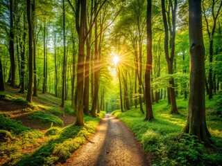 Wall Mural - Sunlit Forest Trail: Woodland Path, Green Trees, Nature Walk