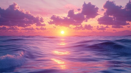 Poster - Sunset over tranquil ocean waters with vibrant colors and wispy clouds reflecting in the waves. Generative AI