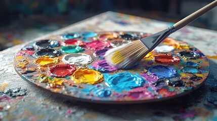 Poster - Vibrant paint palette with brush resting on colorful paint spots in an artist's studio environment. Generative AI