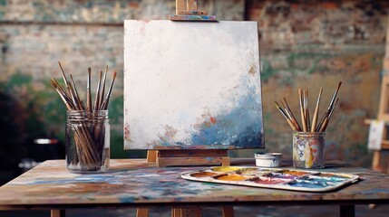 Poster - Creative workspace with blank canvas, paints, and brushes in an artist's studio during daylight. Generative AI