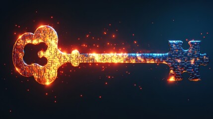 Fototapete - Vibrant key unlocking possibilities with a puzzle design in a captivating glowing display. Generative AI