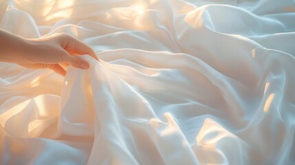 Aufkleber - Soft sunlight illuminates delicate white fabric being gently handled in a serene setting. Generative AI
