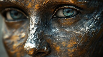 Aufkleber - Close-up of a detailed bronze sculpture with striking blue eyes capturing a moment of artistry and emotion. Generative AI