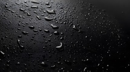 Wall Mural - Close-Up Drops of Water on Smooth Black Surface with Reflection