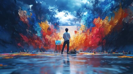 Poster - Creative artist stands before vibrant abstract display in a surreal and colorful studio environment. Generative AI