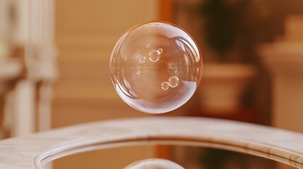 Poster - Bubbles floating gracefully above a marble surface in a softly lit interior space. Generative AI
