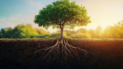 Aufkleber - Sunlight dances through the lush foliage of a sturdy tree, highlighting its expansive roots deeply embedded in the earth, showcasing the beauty of nature at dawn