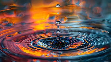 Poster - Water drops creating concentric ripples on liquid surface with vibrant orange and blue reflections capturing moment of impact in macro photography.