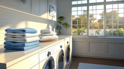 Poster - Cozy laundry room with freshly folded towels and a warm afternoon sunlight streaming in. Generative AI